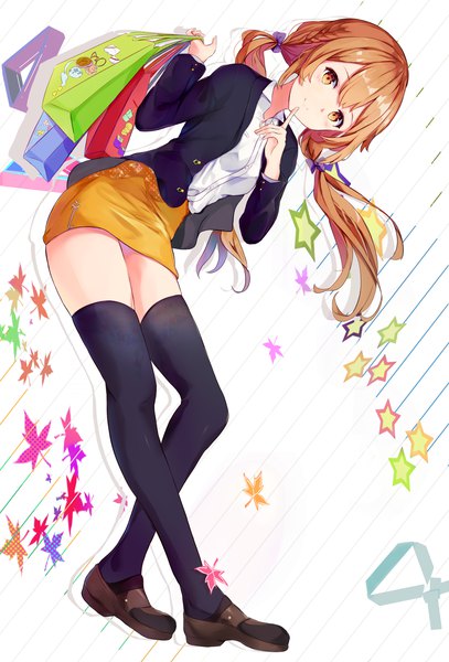Anime picture 1087x1603 with original mosta (lo1777789) single long hair tall image looking at viewer blush fringe light erotic smile hair between eyes standing white background holding full body braid (braids) long sleeves head tilt orange hair open clothes