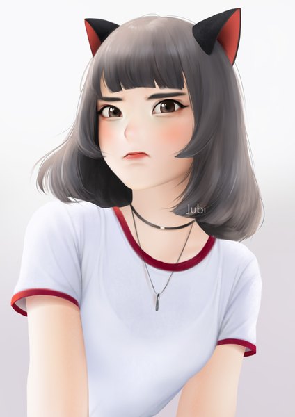 Anime picture 2480x3508 with original hana (jubi) jubi (regiana) single tall image looking at viewer fringe highres short hair brown eyes signed animal ears upper body blunt bangs grey hair cat ears short sleeves lipstick red lipstick frown