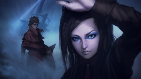 Anime picture 2500x1406 with ergo proxy re-l mayer vincent law pino kostanryuk long hair looking at viewer highres short hair blue eyes black hair wide image green eyes wind lips light smoke group hand on head eyeshadow