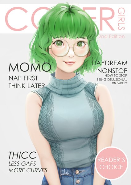 Anime picture 1292x1826 with original momo (jubi) jubi (regiana) single tall image looking at viewer fringe short hair breasts simple background large breasts green eyes signed upper body blunt bangs green hair lips realistic grey background sleeveless