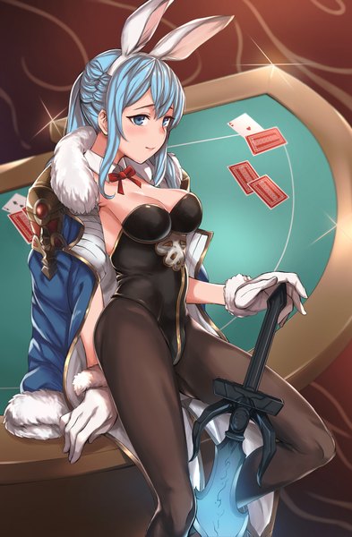 Anime picture 1240x1890 with granblue fantasy therese (granblue fantasy) inuhasiru single long hair tall image looking at viewer blush fringe breasts light erotic smile large breasts sitting holding animal ears blue hair cleavage bent knee (knees) ponytail