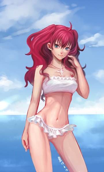 Anime picture 1000x1661 with tongyaohuan single long hair tall image fringe breasts blue eyes light erotic standing bare shoulders sky cloud (clouds) red hair light smile groin wavy hair horizon girl navel swimsuit