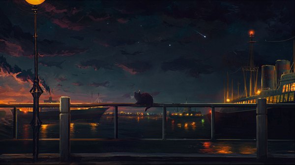 Anime picture 3500x1969 with original sylar113 highres wide image sitting night night sky smoke no people animal water star (stars) cat lantern fence watercraft lamppost ship mustache
