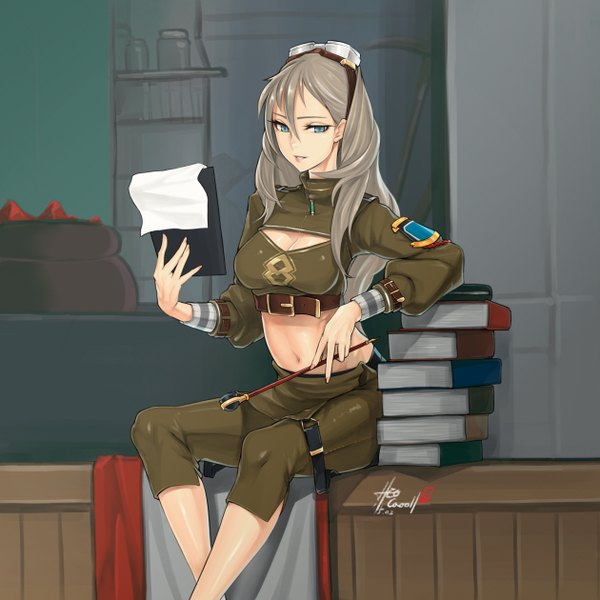 Anime picture 1260x1260 with dungeon and fighter caooll (co-ohol) single long hair looking at viewer fringe breasts blue eyes sitting signed fingernails lips grey hair bare belly girl navel book (books) goggles clothes pipe