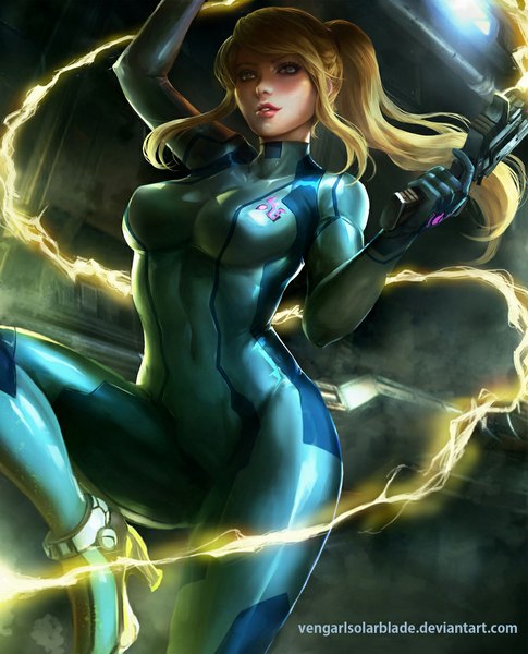 Anime picture 908x1124 with metroid samus aran vengarlsolarblade single long hair tall image looking at viewer fringe breasts blue eyes light erotic blonde hair standing holding signed ponytail arm up lips realistic high heels