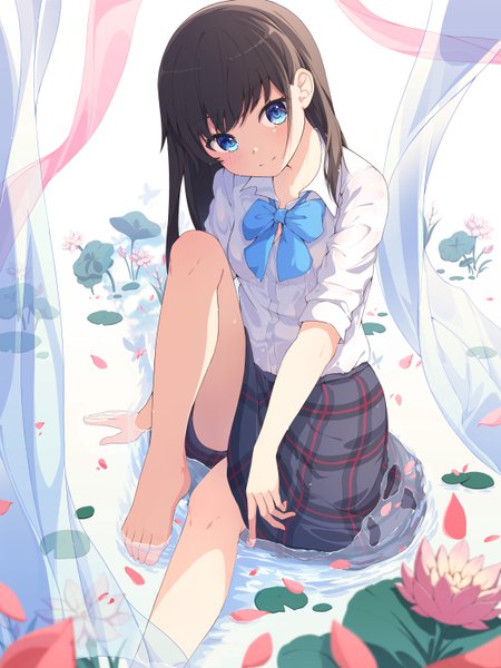 Anime-Bild 4500x6000 mit original keis (locrian1357) single long hair tall image looking at viewer blush fringe highres blue eyes black hair simple background smile white background sitting absurdres blunt bangs head tilt barefoot from above