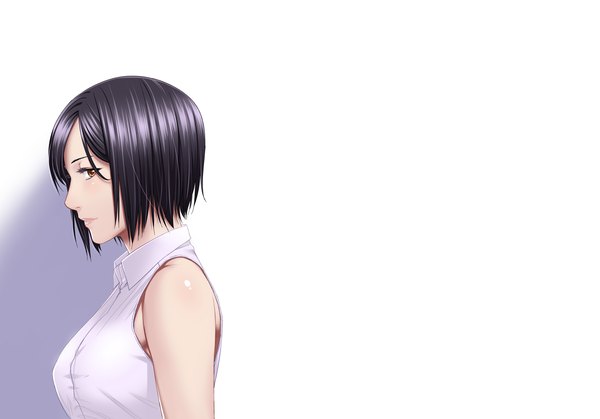 Anime picture 1543x1080 with original unpokotan single short hair black hair white background bare shoulders brown eyes profile girl