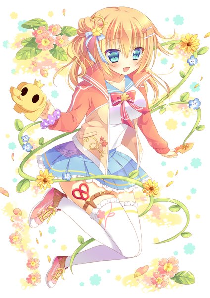 Anime picture 1000x1414 with original sumisaki yuzuna single long hair tall image looking at viewer blush open mouth blue eyes blonde hair girl thighhighs skirt flower (flowers) petals white thighhighs