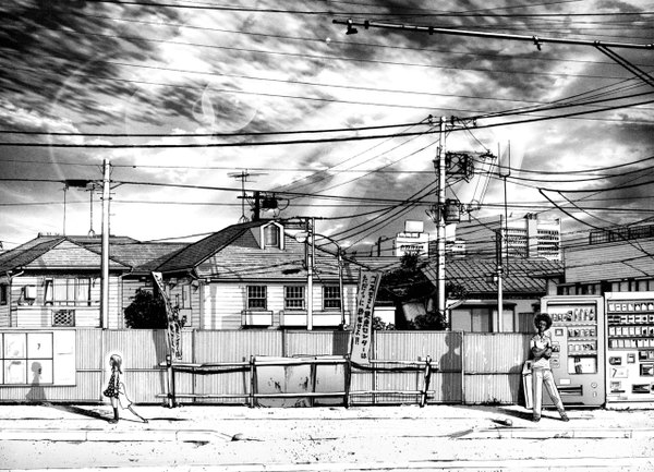 Anime picture 1280x924 with oyasumi punpun punpun asano inio sky profile sunlight scan shadow city monochrome crossed arms summer afro girl boy glasses building (buildings) house power lines