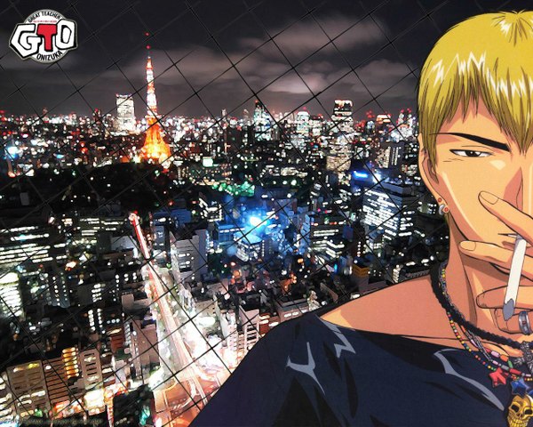 Anime picture 1280x1024 with great teacher onizuka studio pierrot eikichi onizuka single fringe short hair blonde hair fingernails night piercing city eyebrows cityscape smoking city lights boy earrings pendant building (buildings) ring