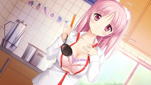 Anime picture 1920x1080 with love of renai koutei of love! kusunoki chitose piyodera mucha single long hair highres light erotic smile wide image pink hair game cg cleavage ahoge pink eyes open clothes dutch angle open shirt girl underwear tiles