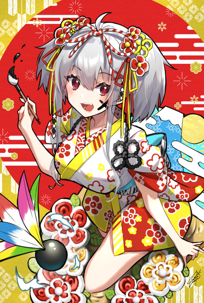 Anime picture 827x1224 with virtual youtuber indie virtual youtuber yaki mayuru yaki mayu single tall image looking at viewer fringe short hair open mouth hair between eyes red eyes twintails silver hair ahoge traditional clothes :d japanese clothes short twintails new year