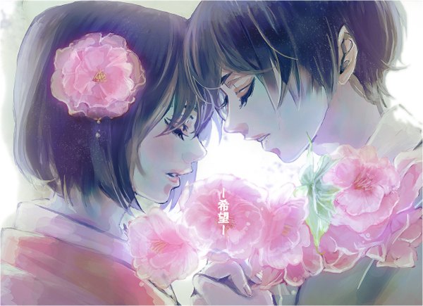 Anime picture 1214x882 with axis powers hetalia studio deen japan (hetalia) taiwan (hetalia) ihiro blush short hair black hair simple background white background eyes closed profile hair flower couple holding hands hieroglyph face to face girl boy hair ornament