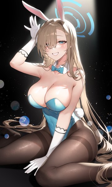 Anime picture 2925x4867 with blue archive asuna (blue archive) asuna (bunny) (blue archive) botte single tall image looking at viewer blush fringe highres breasts blue eyes light erotic simple background blonde hair large breasts sitting animal ears tail very long hair