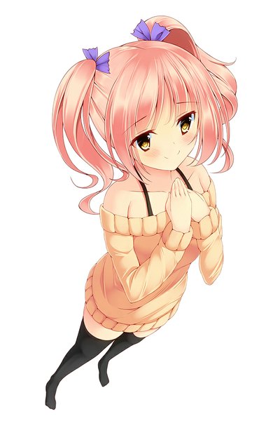 Anime picture 633x1000 with original azure (capriccio) single long hair tall image blush simple background smile white background twintails yellow eyes pink hair girl thighhighs black thighhighs sweater