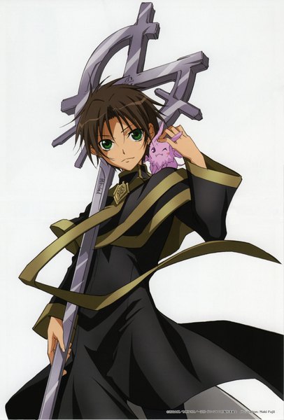 Anime picture 2911x4299 with 07-ghost studio deen teito klein burupya tall image highres short hair simple background brown hair white background green eyes absurdres animal on shoulder boy animal
