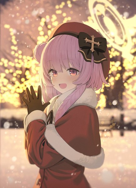 Anime picture 1447x1997 with blue archive serina (blue archive) serina (christmas) (blue archive) wasabi60 single tall image short hair open mouth pink hair upper body outdoors :d pink eyes blurry hair bun (hair buns) official alternate costume girl gloves black gloves halo