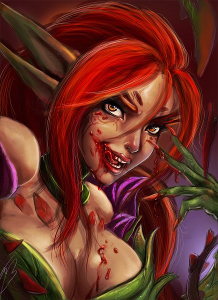 Anime picture 960x1320 with league of legends zyra (league of legends) carlos eduardo single long hair tall image looking at viewer breasts light erotic large breasts red hair orange eyes girl blood