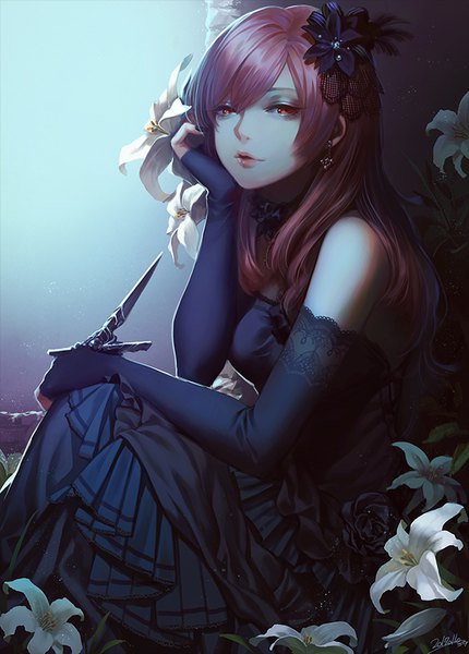 Anime picture 610x850 with original enmr39 (anonyma) single long hair tall image looking at viewer fringe breasts hair between eyes red eyes sitting holding signed pink hair nail polish parted lips dated black nail polish chin rest girl