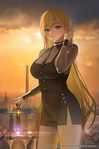 Anime picture 3500x5264 with original tokkihouse single long hair tall image looking at viewer blush fringe highres breasts smile hair between eyes standing absurdres sky cloud (clouds) outdoors long sleeves arm up sunlight