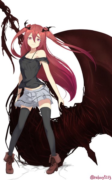 Anime picture 1386x2227 with original reluvy single long hair tall image looking at viewer fringe simple background hair between eyes standing white background twintails red hair pink eyes off shoulder zettai ryouiki twitter username girl thighhighs skirt