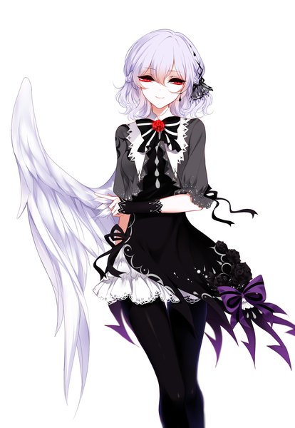Anime picture 2000x2900 with touhou kishin sagume sheya single tall image looking at viewer fringe highres short hair smile hair between eyes red eyes silver hair wind white wings single wing girl dress pantyhose wings