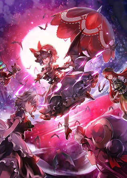 Anime picture 715x1000 with touhou flandre scarlet remilia scarlet izayoi sakuya patchouli knowledge hong meiling kozou long hair tall image looking at viewer fringe short hair open mouth smile hair between eyes red eyes multiple girls sky purple hair bent knee (knees)