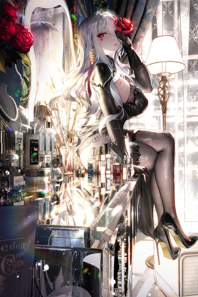 Anime picture 4002x6000 with original rib (rib delesetong) single long hair tall image looking at viewer fringe highres breasts light erotic red eyes large breasts sitting absurdres silver hair full body indoors parted lips arm up hair over one eye