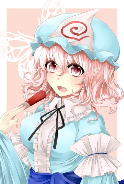 Anime picture 1181x1748 with touhou saigyouji yuyuko shibata (artist) single tall image looking at viewer short hair open mouth red eyes pink hair japanese clothes teeth fang (fangs) girl dress obi fan lace