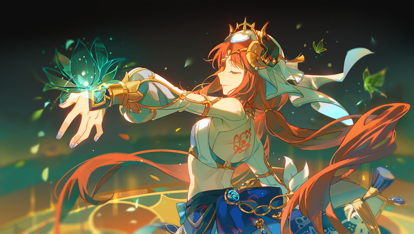 Anime picture 2300x1300 with genshin impact nilou (genshin impact) sevallasd single long hair highres wide image twintails red hair eyes closed nail polish traditional clothes profile tattoo low twintails blue nail polish dancing dancer girl flower (flowers)