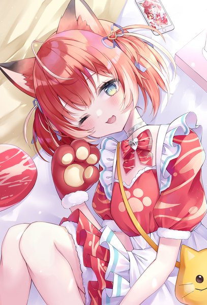 Anime-Bild 2092x3087 mit virtual youtuber indie virtual youtuber akami karubi amano kurumi single tall image looking at viewer blush highres short hair open mouth twintails animal ears ahoge red hair puffy sleeves short twintails ;d multicolored eyes girl