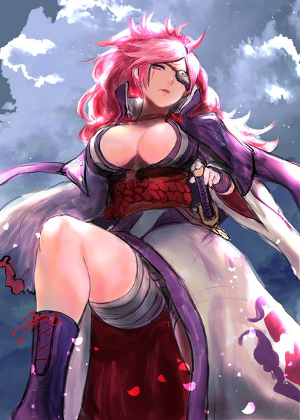 Anime-Bild 2976x4175 mit guilty gear baiken yuu (primenumber7) single long hair tall image looking at viewer highres breasts light erotic red eyes large breasts standing pink hair sky cloud (clouds) ahoge outdoors traditional clothes japanese clothes