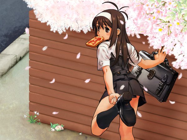 Anime picture 1600x1200 with original tanaka kunihiko madydiu single long hair looking at viewer blush fringe hair between eyes brown hair holding brown eyes ahoge pleated skirt looking back mouth hold soles third-party edit soft beauty adjusting footwear