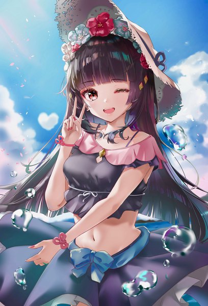 Anime picture 1973x2903 with genshin impact yun jin (genshin impact) scup single long hair tall image fringe highres open mouth black hair red eyes sky cloud (clouds) blunt bangs one eye closed hair flower wink victory ;d girl