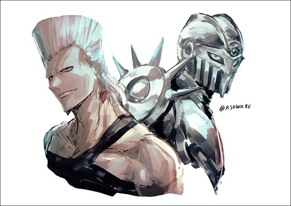 Anime picture 879x622 with jojo no kimyou na bouken jean pierre polnareff silver chariot k-suwabe short hair simple background white background signed silver hair upper body twitter username stand (jojo) boy earrings armor