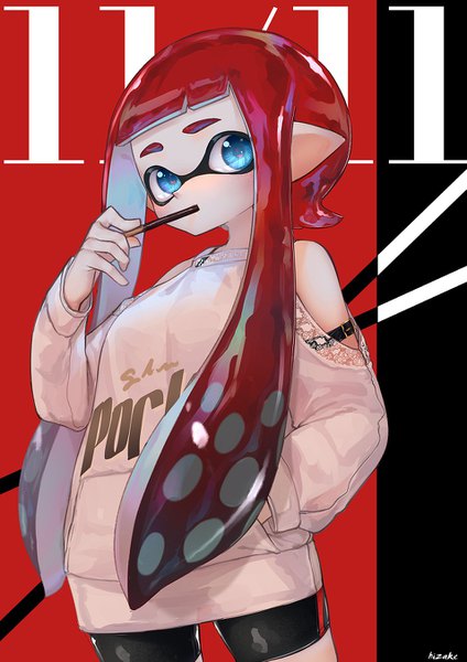 Anime picture 955x1351 with splatoon nintendo inkling kashu (hizake) single long hair tall image looking at viewer fringe blue eyes bare shoulders red hair blunt bangs pointy ears hand in pocket tentacle hair pocky day girl food shorts