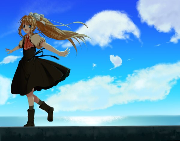 Anime picture 2800x2200 with air key (studio) kamio misuzu restaint single long hair highres open mouth blue eyes blonde hair sky cloud (clouds) ponytail girl dress bow hair bow boots