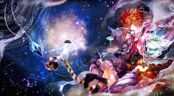 Anime picture 1328x739 with touhou nazrin toramaru shou cis (carcharias) short hair open mouth red eyes wide image multiple girls animal ears purple hair tail hair flower orange hair girl dress hair ornament 2 girls pendant star (stars)