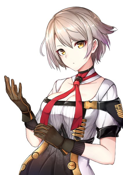 Anime picture 800x1135 with girls frontline vector (girls frontline) luse maonang single tall image looking at viewer fringe short hair breasts simple background hair between eyes large breasts white background yellow eyes cleavage silver hair upper body head tilt arm up short sleeves