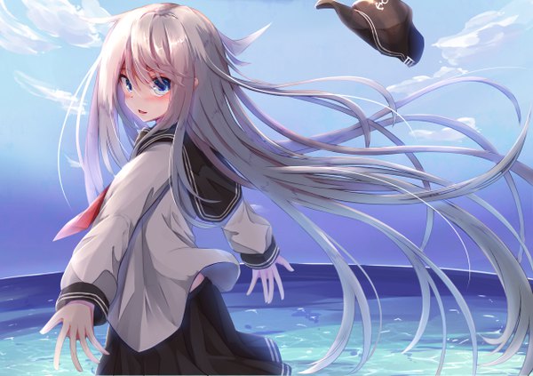 Anime-Bild 5014x3541 mit kantai collection hibiki destroyer su ha ya single looking at viewer blush fringe highres open mouth blue eyes smile hair between eyes standing absurdres sky silver hair cloud (clouds) outdoors long sleeves very long hair