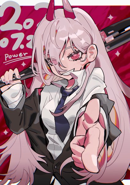 Anime picture 2308x3264 with chainsaw man mappa power (chainsaw man) taowu (20809) single long hair tall image looking at viewer fringe highres smile hair between eyes pink hair upper body nail polish pink eyes horn (horns) character names grin dated