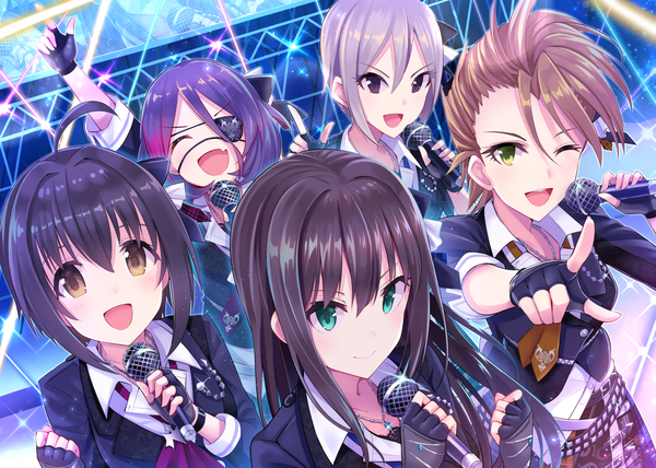 Anime picture 1500x1072 with idolmaster idolmaster cinderella girls shibuya rin shiomi shuuko kohinata miho hayasaka mirei kimura natsuki u rin long hair looking at viewer fringe short hair open mouth black hair smile hair between eyes brown hair multiple girls holding brown eyes