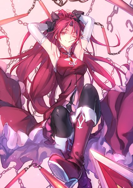 Anime picture 992x1402 with mahou shoujo madoka magica shaft (studio) sakura kyouko ryuuzaki ichi single long hair tall image blush breasts smile red eyes large breasts ponytail red hair one eye closed wink armpit (armpits) floating hair mouth hold arms behind head