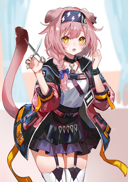 Anime picture 965x1364 with arknights goldenglow (arknights) nima (niru54) single long hair tall image looking at viewer open mouth animal ears yellow eyes pink hair tail braid (braids) :d animal tail cat ears open jacket cat girl cat tail single braid
