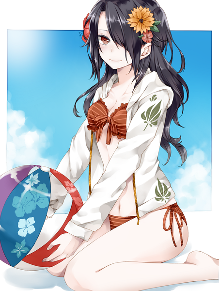 Anime picture 900x1194 with original jyuku otoko single long hair tall image looking at viewer blush fringe black hair sitting holding sky cloud (clouds) bent knee (knees) barefoot hair flower hair over one eye open clothes open jacket bare legs