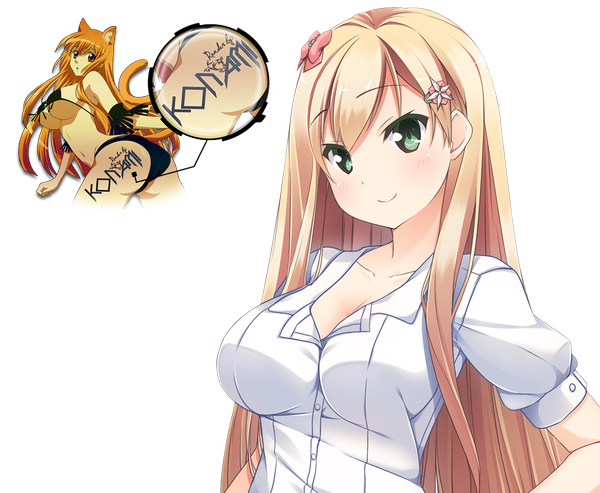 Anime picture 1258x1034 with konamixx (artist) single long hair blush breasts light erotic blonde hair smile large breasts green eyes transparent background rendered girl hair ornament shirt hairclip