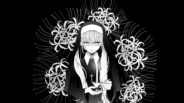 Anime picture 2048x1152 with vocaloid hatsune miku hikata_00 single long hair fringe highres hair between eyes wide image twintails holding upper body wide sleeves black background looking down monochrome shaded face nun girl flower (flowers)
