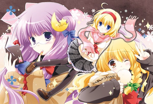 Anime picture 1200x819 with touhou kirisame marisa patchouli knowledge alice margatroid white-brown (artist) long hair looking at viewer blush short hair blue eyes blonde hair purple eyes multiple girls brown eyes purple hair braid (braids) one eye closed wink victory eating