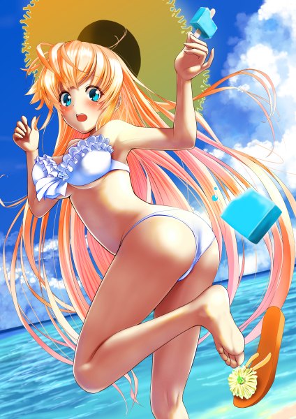 Anime picture 848x1200 with original hkn (brp) single long hair tall image blush fringe breasts blue eyes light erotic blonde hair bare shoulders holding sky cloud (clouds) ass legs back looking down horizon