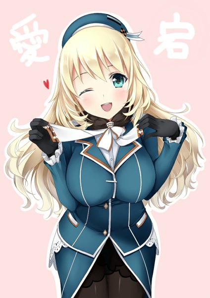 Anime picture 707x1000 with kantai collection atago heavy cruiser french maid single long hair tall image looking at viewer blush breasts open mouth blue eyes large breasts white hair one eye closed wink girl dress gloves beret